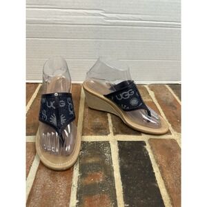 Ugg Solena Navy Blue Monogram Sandals Denim and Leather Thong Wedge Women's 7